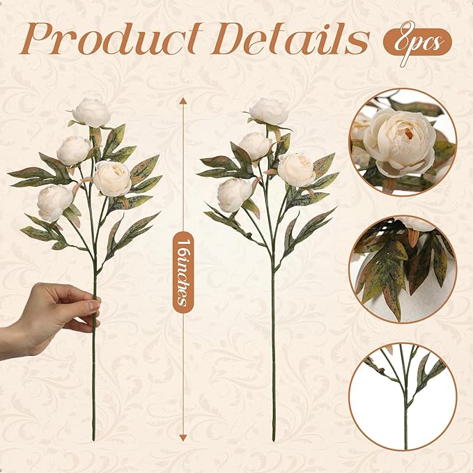 Thiccywoov 8 Pcs Beige Faux Peony Stems Flowers Bulk Vintage Artificial Silk Peonies Stems Real Look Fake Peonies Branches for Vase Filler DIY Bouquet Centerpieces Home Indoor Outdoor Decorations