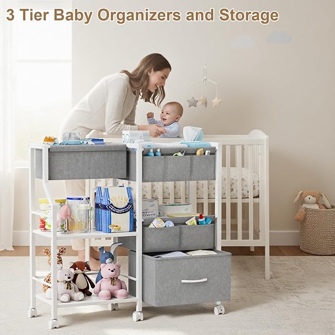 Baby Diaper Caddy Organizer and Storage, 3 Tier Rolling Cart with Dividers and Drawers, Mobile Utility Cart with Wheels for Nursery, Bedroom, Baby Newborn Essentials Storage Cart, White