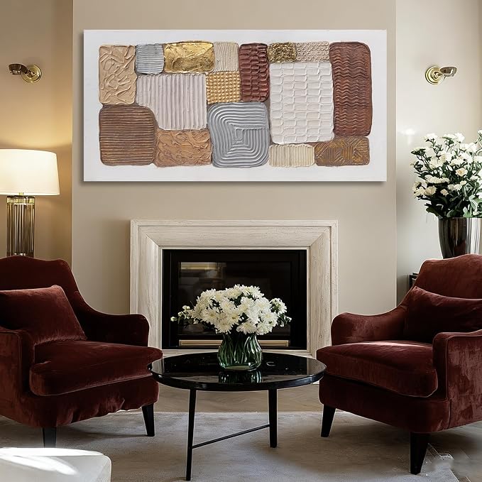 Dolidoteart Canvas Wall Art, Large Abstract Wall Art Print in Neutral Brown Beige Gold, Geometric Textured-Look Artwork for Living Room Bedroom Office, 24x48 Inch