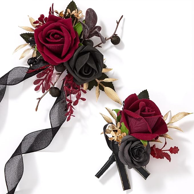 Alecono Burgundy Corsage and Boutonniere Set, Red and Black Rose Corsage Wristlet and Boutonniere for Wedding Prom Flower Accessories Suit Decorations