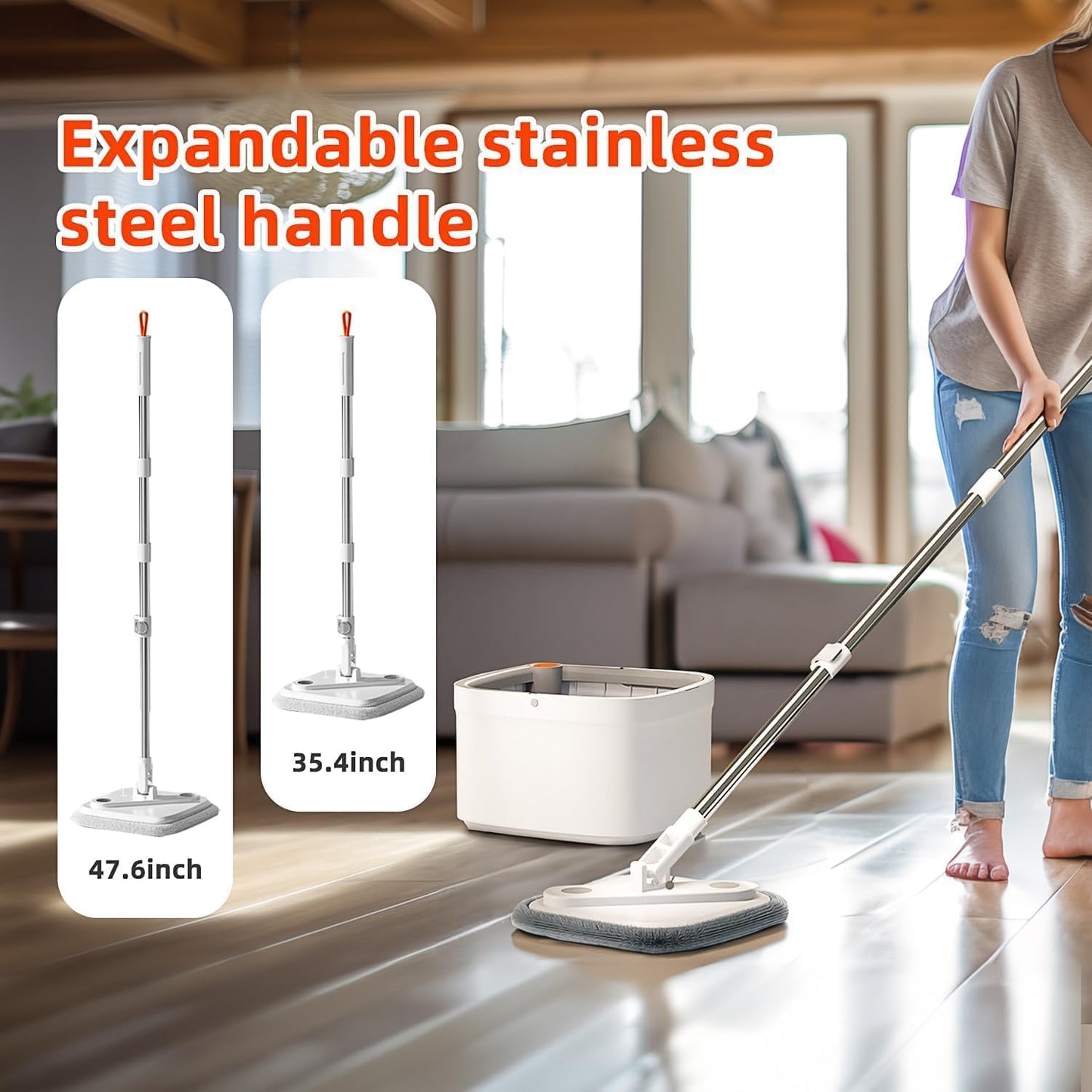 KZKR Spin Mop and Bucket Set with Self Separation Dirty and Clean Water System, Self Wringing 360° Rotating Square Mop Head for Home Floors Cleaning (1.0 Mop and Bucket Set (14 Pads))