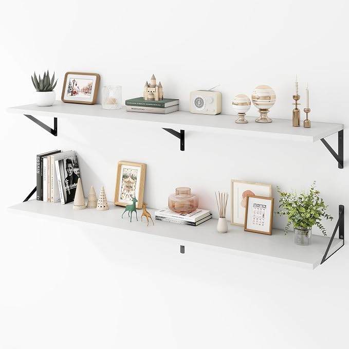 Acovy Deep Floating Shelves Wall Mounted, 55"x12" White Wall Shelves with Brackets Set of 2 for Bedroom, Living Room, Bathroom, Kitchen, Office - Storage & Display Shelf for Decor, Books, Plants