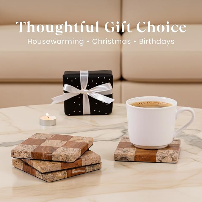 Marble Coasters Set of 4, Coral & Red Handmade 4 inch Square Natural Marble Coaster, Elegant Drink Checkered Coasters for Coffee Table, Stylish Bar Accessories & Home Décor