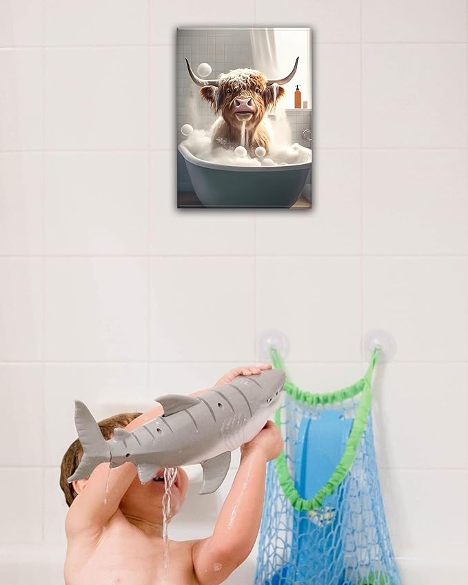 UPWOIGH Bathroom Wall Art, 12x16in Highland Cow Wall Decor,Waterproof Wood Framed Canvas Wall Art, Cute Funny Animal Bathing Abstract Prints,Modern Home Décor for Bedroom Classroom Farmhouse Gift