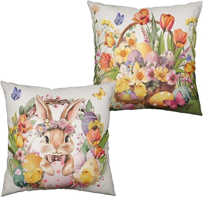 Easter Pillow Covers Floral Wreath Bunny Throw Pillow Covers Spring Rabbit with Tulip Flower Pillow Cases 22x22 Colorful Easter Eggs Cushion Cases for Home Farmhouse 2 Pack