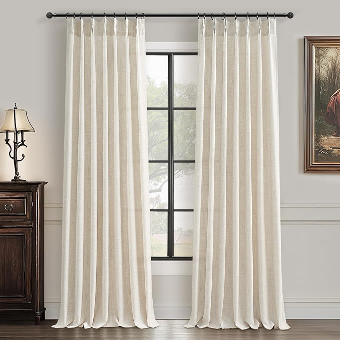 Birch Memory Trained Pleated 98 Inch Long Curtains 2 Panels Set for Patio Sliding Glass Door, Light Filtering Curtain Thick Natural Linen Textured Semi Sheer Drapes for 96-98 Inches Length Windows