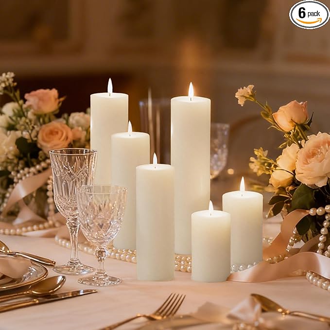 6 Pack White Pillar Candles Bulk Set, 2x3 2x6 2x8 Inch - 2 Each Size, Dripless Smokeless Clean Burning for Wedding Centerpieces, Home Decor, Church, Romantic Ambiance！