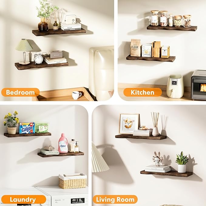Solid Wood Live Edge Floating Shelves Set of 2 – 36" Rustic Wall Shelf with Hidden Bracket System, Wall Mounted Shelves for Bathroom, Kitchen, Living Room, Bedroom (Charcoal Brown)