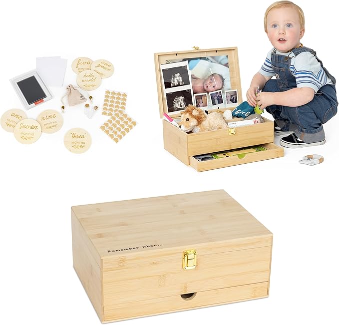 Baby Keepsake Box with 5 Additional Memory Items – Bamboo Memory Box for Baby Girls & Boys – Handprint Kit, Milestone Discs, Photo Corners, Glass Vials, Burlap Bag