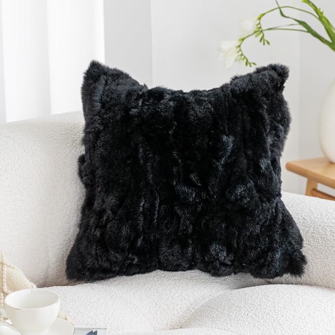 Genuine Rabbit Fur Throw Pillow Covers Set of 2,Luxury Decorative Pillowcases Soft Fluffy Animal Skin Accents Square Cushion Cover for Couch Sofa Bedroom Living Room Home,18x18 inch,Black