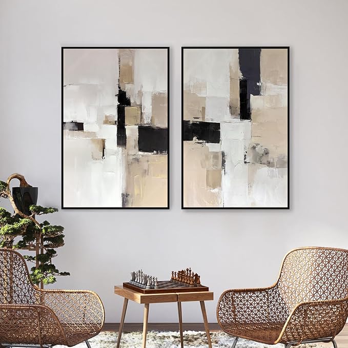 Zessonic Neutral Abstract Wall Art, Large Modern Textured Framed Canvas Wall Decor, Minimalist Prints Paintings, Earth Tone Black Beige Brown Artwork Pictures for Home, Living Room, Office, 24"x36"x2