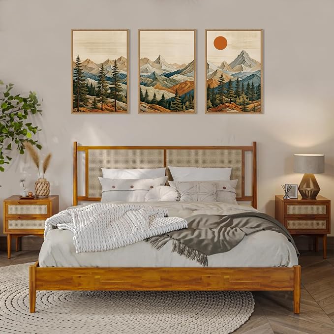 Ausril Boho Mountain Framed Canvas Wall Art Set, Woodcut Pine Tree Wall Decor, Brown Wooden Forest Wall Painting, Vintage Sunrise Art Print for Living Room, Bedroom, Office 16"X24"X3