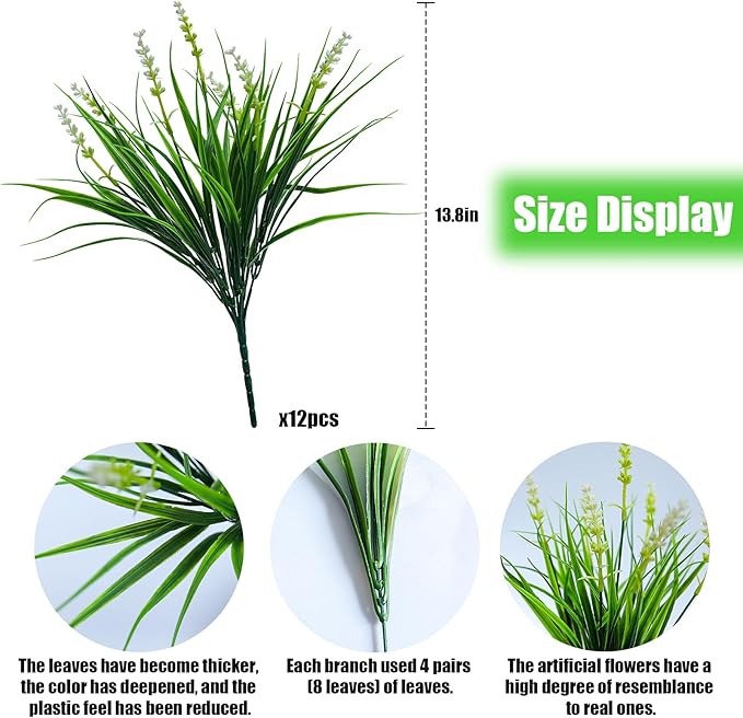 alyptus Outdoor Artificial Flowers 12 Bundles Plastic Plants Faux White Flower Fake Monkey Grass for Planters Décor Outside (White)