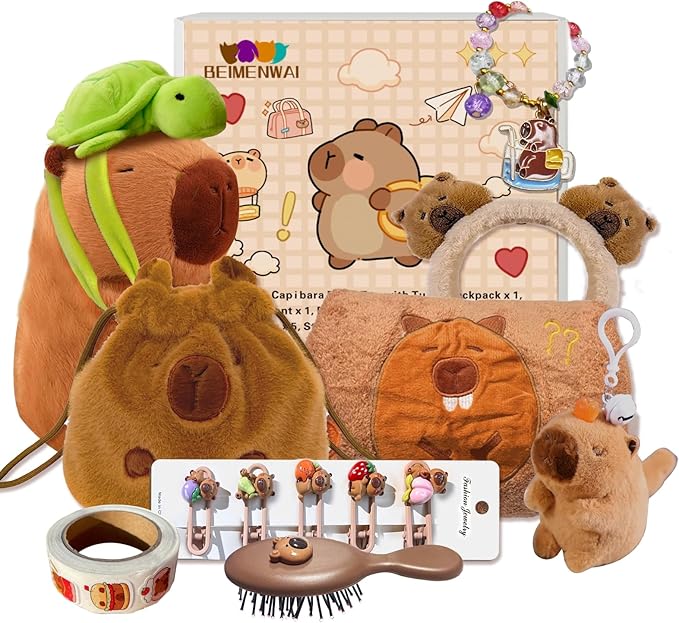 Capybara Gifts Box,Cute Capybara Plush Toys with Stuffed Animal/Keychain/Bag/Bath Towel/Hair Pins/Bracelet/Headband, Christmas Birthday Gift Set for Girls 4 5 6 7 8 9 10+ Years Old