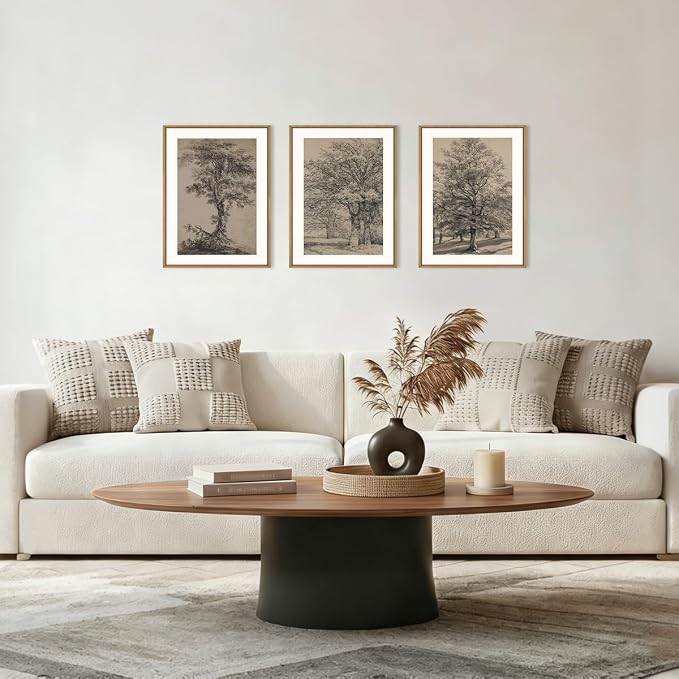 KAIRNE Vintage Tree Sketch Framed Canvas Wall Art Set, Antique Tree Drawings Wall Decor, Retro Forest Art Prints, Modern Nature Landscape Artwork for Living Room, Bedroom, Farmhouse, Office-12 x16 x3