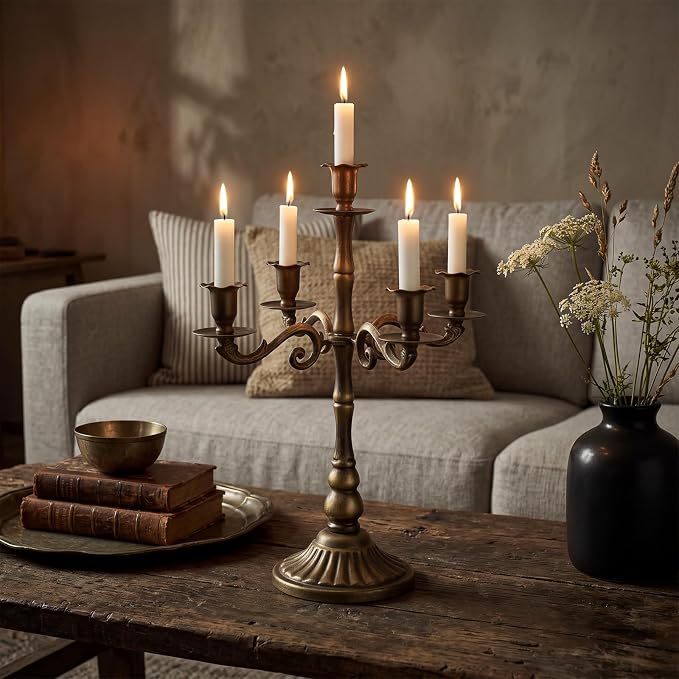 5-Light Metal Floral Candelabra Vintage Bronze Candle Holders Set of 2 for Taper Candles Ornate Antique Farmhouse Brass Candlesticks Centerpiece for Wedding Outdoor Dining Party Mantel Decor