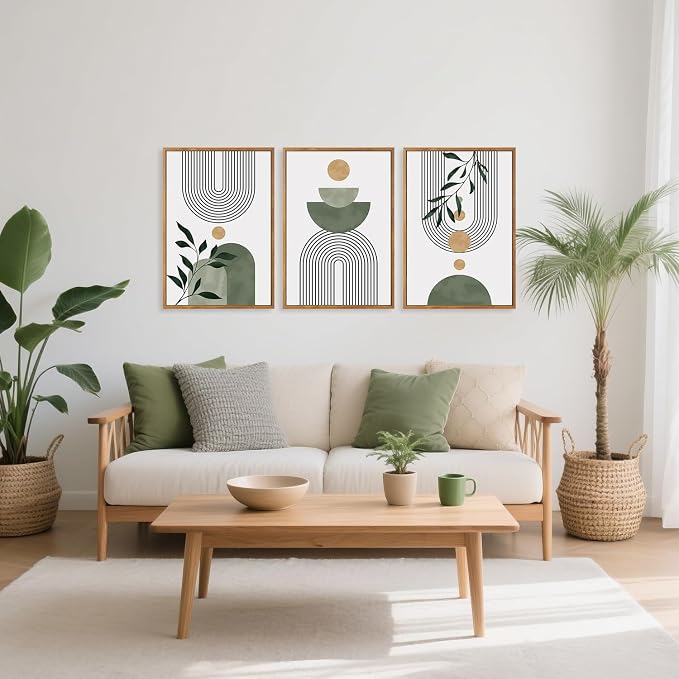 TOARTi Large Framed Boho Botanical Canvas Wall Art Set, Abstract Bohemian Sage Green Wall Decor, Mid Century Modern Neutral Geometric Leaf Art Prints for Living Room Bedroom Office-16”x24”x3