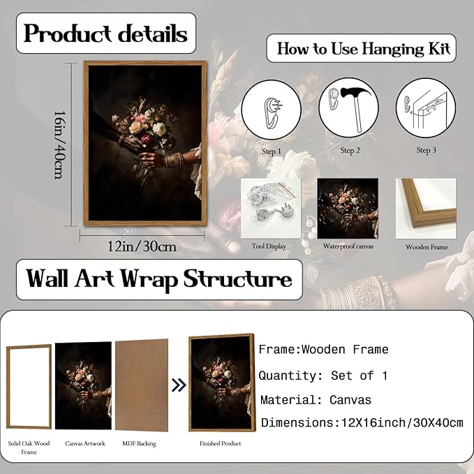 Framed Black Love Floral Wall Art, African American Couple Canvas Wall Decor Prints, Dark Romantic Holding Flowers Paintings Pictures Moody Home Decor Aesthetic for Living Room Bedroom 12x16 inch