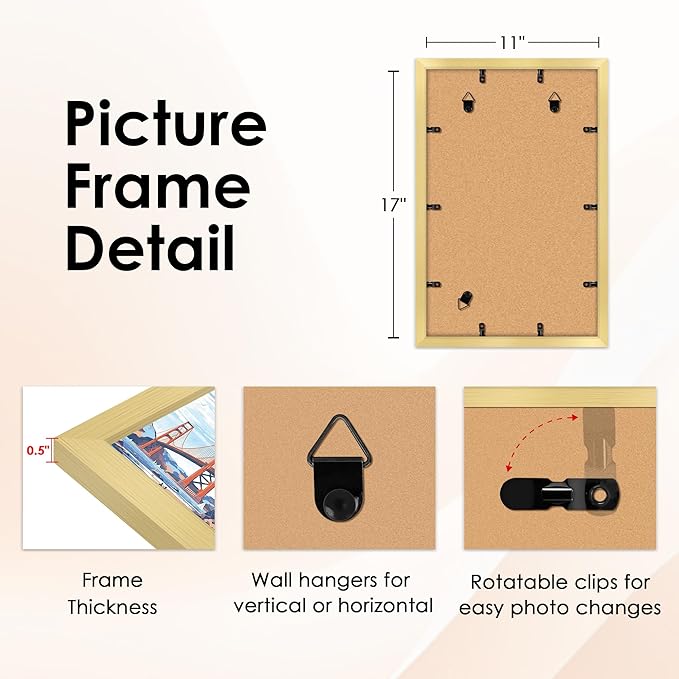 FIXSMITH 11x17 Picture Frame Gold Set of 2, Photo Frame with HD Plexiglass, Display Pictures 9x15 with Mat or 11x17 Without Mat, Gold Picture Frames Collage Wall Decor, Gallary Wall Frame