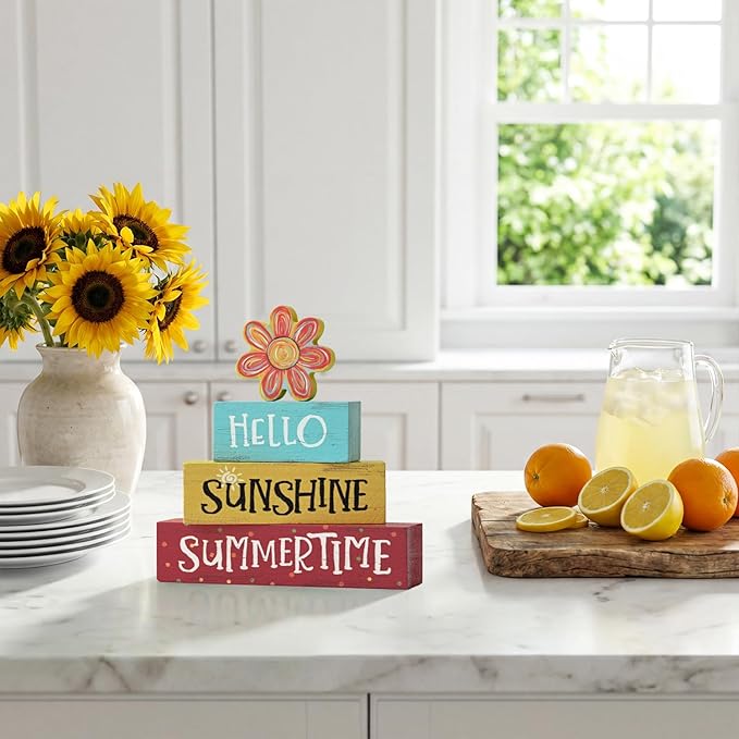 Smile 4 Pcs Summer Indoor Wooden Decor, Sunflowers Colorful Hello Sunshine Summer Tiered Tray Farmhouse Table Decoration for Home and Office