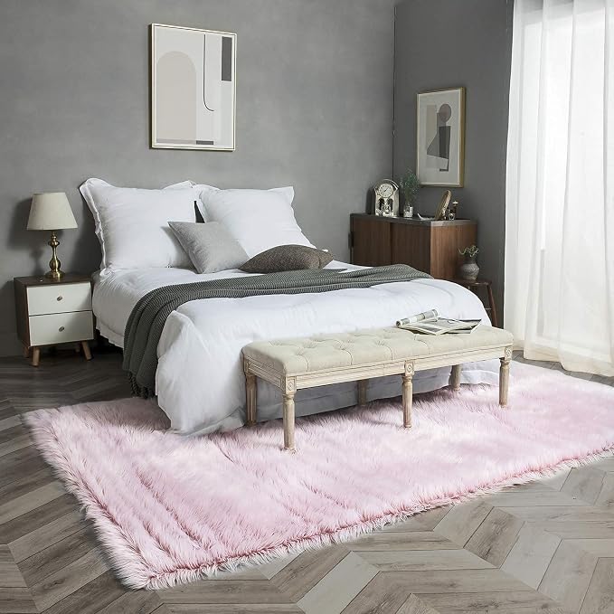 Ashler Faux Fur Rug, Fluffy Shaggy Area Rug Ultra Soft 6 x 9 Feet Rectangle Frosted Bottom Pink Fuzzy Rug Machine Washable Shag Rug, Nursery Decor Throw Rugs for Bedroom, Living Room