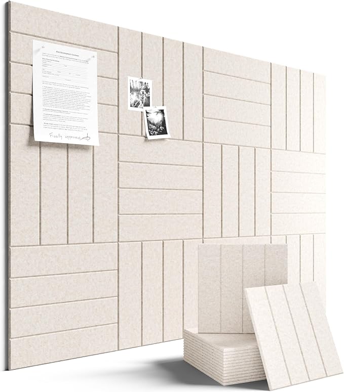 Fluxynara Felt Bulletin Board Tiles Large 48" x 36" Cork Board Alternative-12 Pack with 70 Adhesive Tabs, Thick Slat Wall Panels for Office Decor, Push Pin Board Wall Organizer Alternative -Oatmeal