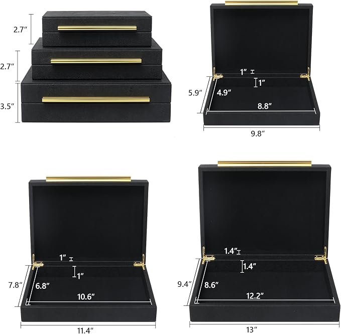 DECOR4SEASON Faux Shagreen Decorative Storage Boxes – Set of 3 Stackable Jewelry Organizers with Gold Metal Handles & Velvet Lining, Modern Black Box for Vanity, Entryway & Coffee Table Décor