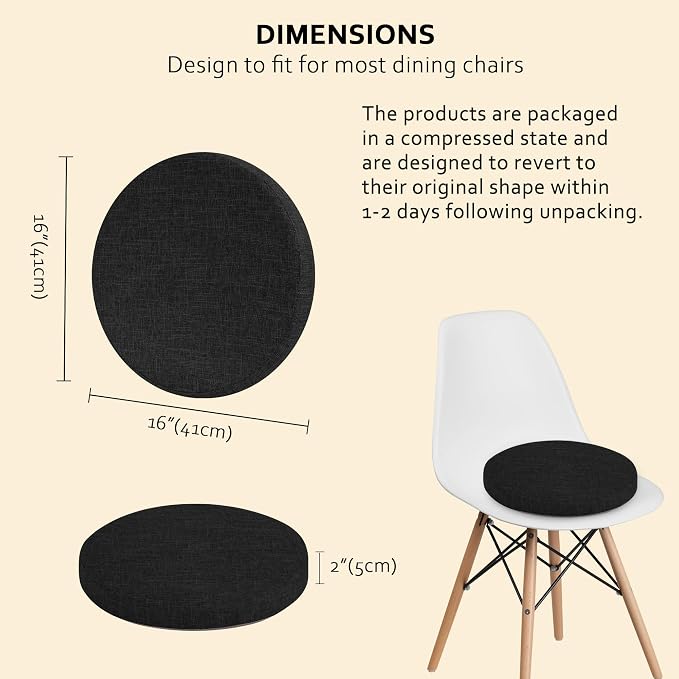 ELFJOY Round Chair Cushions for Dining Chairs Non Slip High-Resilience Foam Chair Pads 2" Thick Seat Cushions for Kitchen Chairs Set of 2 16" Black