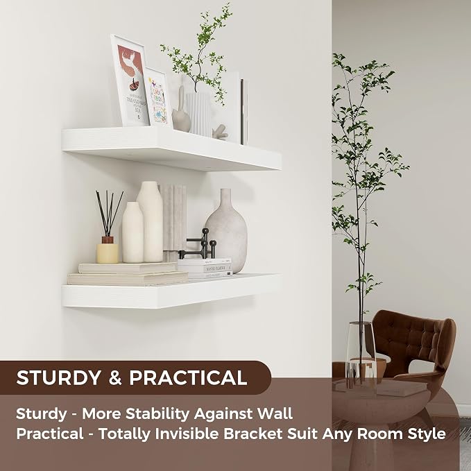24" Wide x 6.5" Deep Floating Shelves for Wall, White Finish, 2-Pack | Engineered Wood Wall Shelves with Invisible Brackets for Living Room, Bedroom, Bathroom, Office & Kitchen Storage