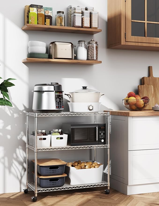 Simple Deluxe 3-Tier Heavy Duty Storage Shelves 750Lb Capacity, 24.02" D x 13.78" W x 29.92" H Adjustable Shelving Unit with Wheels, Chrome