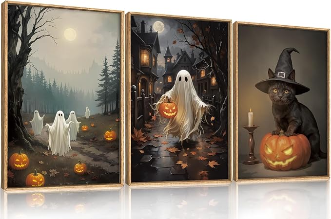 Spooky Halloween Ghost Lighted Pumpkin Framed Canvas Wall Art Set,Gothic Inspired Cute Black Cat Witch Hat Wall Decor,Vintage Foggy Forest Castle Artwork for Living Room, Bedroom-16 x24 x3