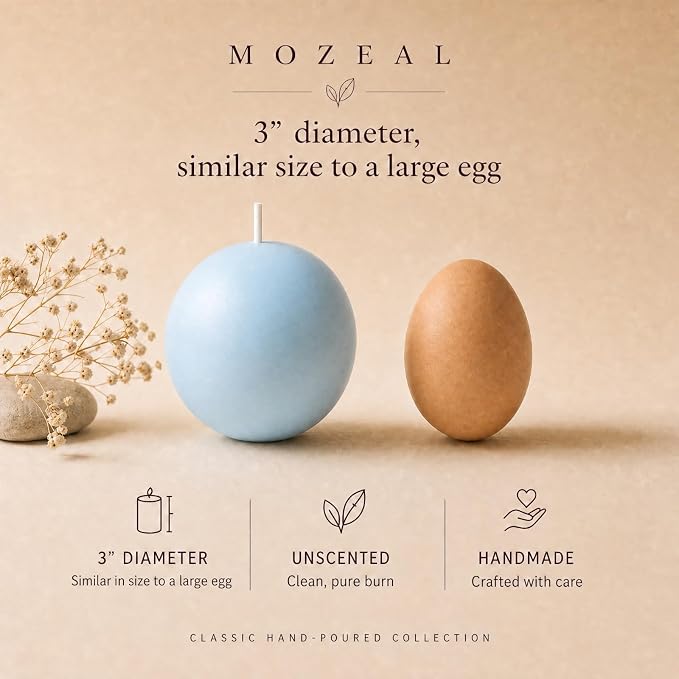 MOZEAL Hand-Poured, 3 Inch Baby Blue Round Ball Candles - Elegant Baby Blue Round Pillar Candles Set of 3, Dripless, Unscented, Smokeless, Ideal for Baby Showers.
