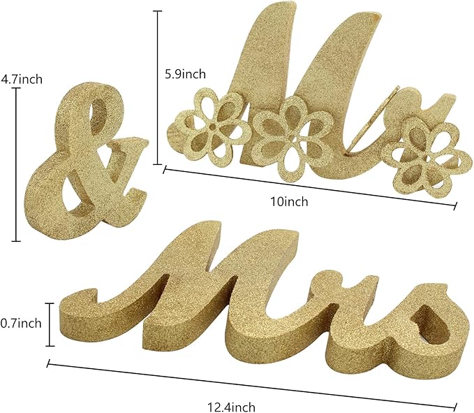 Mr & Mrs Sign for Wedding Table, Large Mr and Miss Wooden Letters, Just Married Sign Anniversary Party Valentine's Day Decor (Golden W/accessories), 12.5x7x2.5 inches