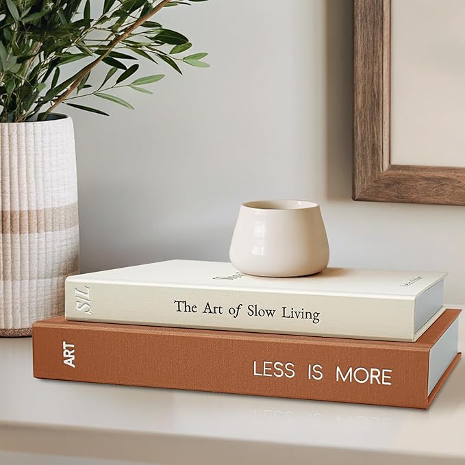 Minimalist Decorative Books - Fake Books Storage Box for Decoration - Set of 2 Linen Coffee Table Decor - Photo Storage Keepsake Box for Room Bookshelf Decor, Brown