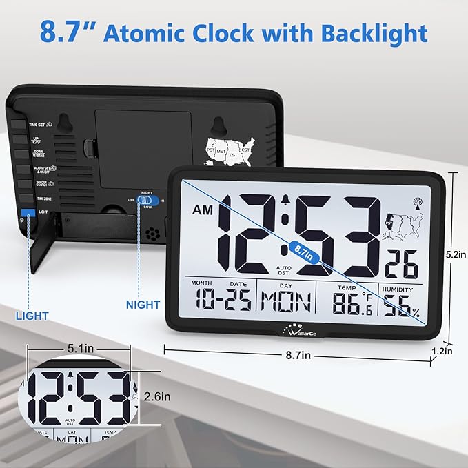 WallarGe Atomic Wall Clock with Backlight, Digital Wall Clock Battery Operated for Classroom, Bedroom, Office, Large Display with Indoor Temperature, Humidity, Date, AUTO DST, 6 Time Zones