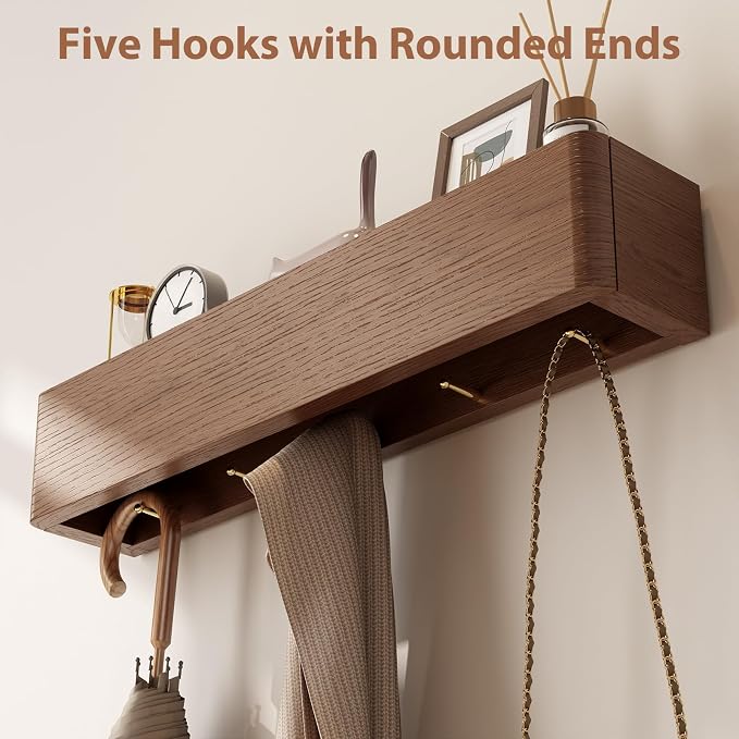 CycleCrew Solid Wood Wall Mounted Coat Rack with Shelf Hooks - Modern Floating Shelves with 5 Hidden Hooks, Heavy Duty Entryway Coat Key Holder Hanger for Hallway Bathroom Bedroom Home Decor