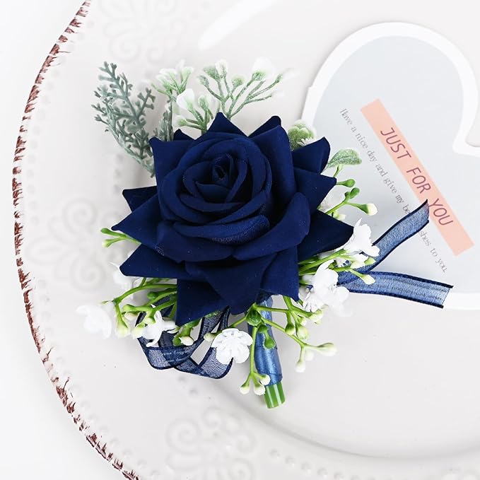 MAFELOE 2 Pieces Homecoming Party Prom Artificial Wrist Corsage and Boutonniere Set, Groom Groomsmen Bride Bridesmaids Wedding Simulation Flowers Accessories - Navy Blue