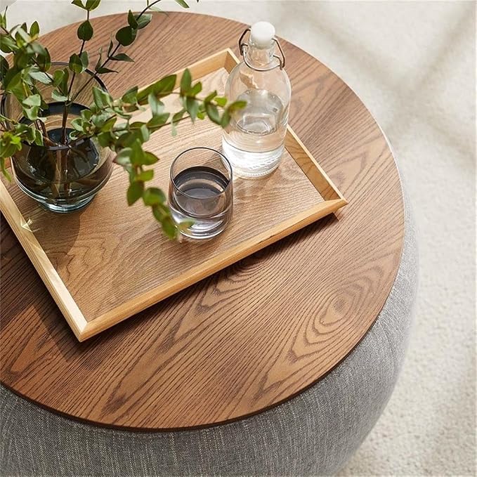 Modway Perla 26 Inch Round Storage Ottoman with Tray Lid in Heathered Weave Wheat -Heathered Fabric Ottoman - Versatile Footrest - Woven Coffee Table - Side Table - for Living Room