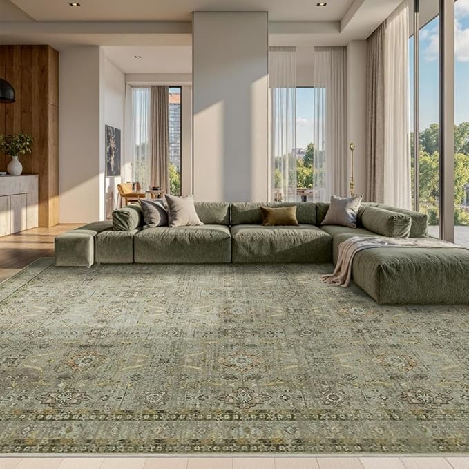 Rugxara 10x14 Area Rugs for Living Room Bedroom, Large Washable Rug, Vintage Floral Boho Rug, Non Slip & Low Pile Faux Wool Thin Carpet for Indoor Dining Room and Kids Room(Olive Brown 10x14ft)