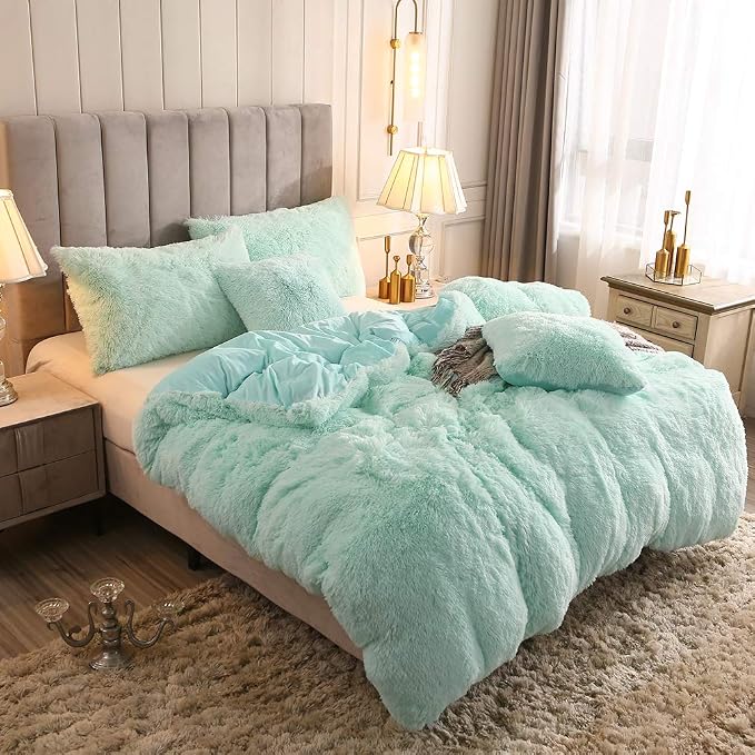 Faux Fur Velvet Fluffy Bedding Duvet Cover Set Down Comforter Quilt Cover with Pillow Sham, Ultra Soft Warm (Twin, Aqua)