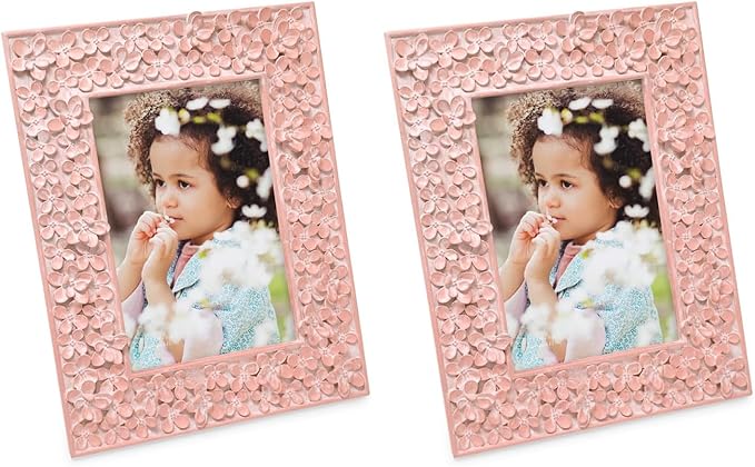Isaac Jacobs 4x6 Pink Flower Textured Hand-Crafted Resin Picture Frame w/Easel & Hook for Tabletop & Wall Display, Decorative Floral Design Home Décor, Photo Gallery, Art (4x6, Pink) (Pack of 2)