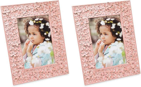 Isaac Jacobs 4x6 Pink Flower Textured Hand-Crafted Resin Picture Frame w/Easel & Hook for Tabletop & Wall Display, Decorative Floral Design Home Décor, Photo Gallery, Art (4x6, Pink) (Pack of 2)