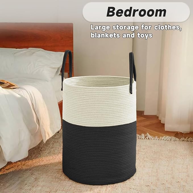 JMvicyroam Large Woven Laundry Basket Hamper,100L Cotton Rope Storage Bin for Blankets,Toys and Clothes,Decorative Tall Nursery Hamper for Living Room,Baby Nursery,Bathroom and Bedroom,White and Black