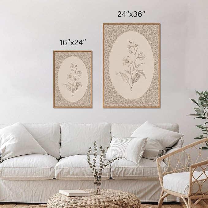 Rantodecor Vintage Flower Framed Canvas Wall Art Triptych, Rustic Floral Wall Decor, Retro Sketch Botanical Art Paintings, Antique French Cottage Artwork for Girls Bedroom Living Room Bathroom 24"x36"