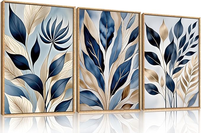 HPNIUB Blue Botanical Leaf Framed Wall Art Set,Modern Natural Blue and Gold Plant Wall Decor,Abstract Boho Minimalist Rustic Floral Leaves Artwork for Living Room, Bedroom,Office-16''x24''x3