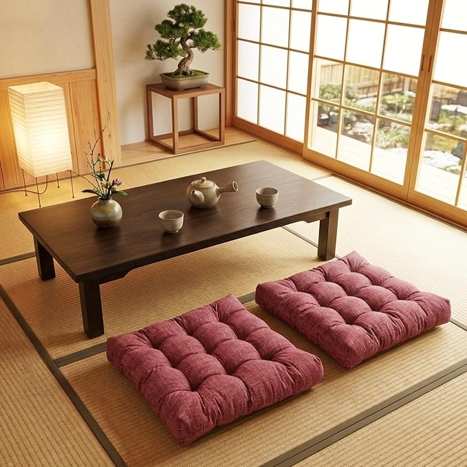 Large Square Floor Cushion Set of 2, 22 x 22 Inch with Non-Slip Bottom, Memory Foam Floor Pillow for Sitting, Meditation & Yoga, Soft Supportive Floor Seating Cushion for Adults & Kids (2, Red)