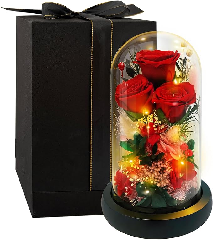 HipTree Preserved Red Rose in Glass Dome with LED Lights - Forever Eternal Real Rose Gifts for Women, Valentines Day Mothers Day Birthday Christmas Gift Wedding Anniversary for Mom Wife Girlfriend