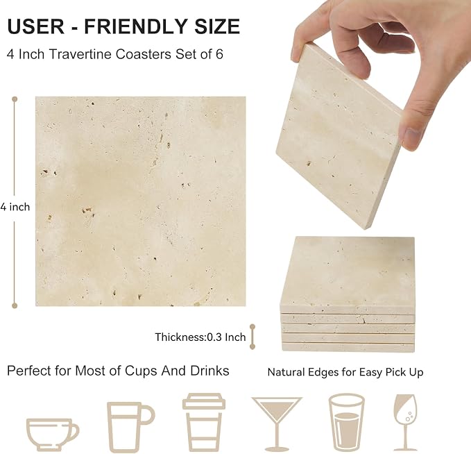Square Travertine Coasters Set of 6, Porous Natural Stone Absorbent Coaster with Velvet Backing for Table Protection, Rustic Beige Marble Coasters for Home Table Decor, 4 Inches