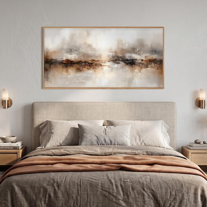 Large Abstract Brown Pastel Framed Canvas Wall Art,Neutral Black Gray Wall Decor,Modern Brush Stroke Painting,Minimalist Textured Artwork for Living Room,Bedroom,Dining Room,Office -20"x40"x1