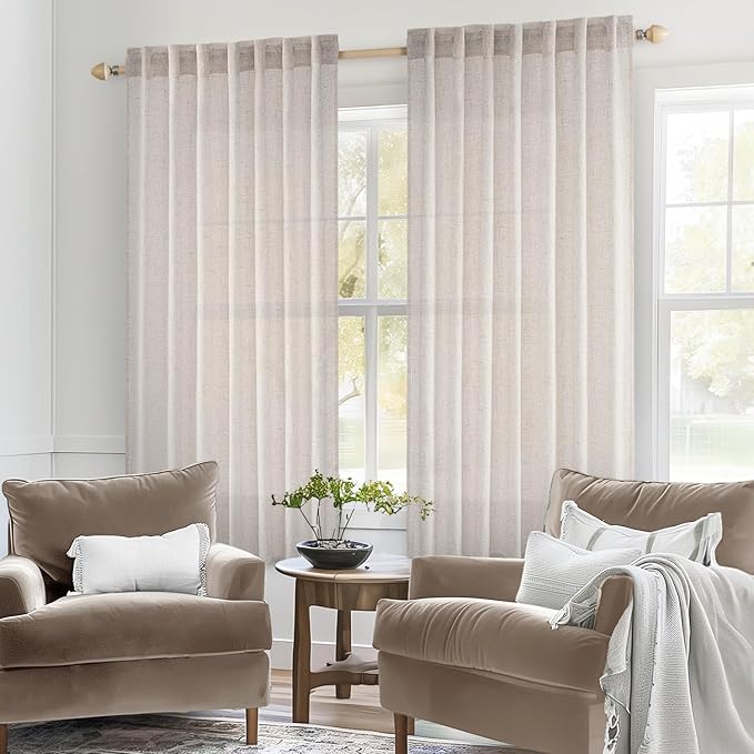 MIULEE White Linen Curtains 63 Inch Length 2 Panels for Bedroom Living Room, Soft Thick Linen Textured Natural Kitchen Window Drapes Semi Sheer Light Filtering Back Tab Rod Pocket Burlap Look Decor